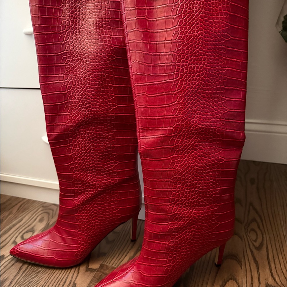 Red Crocodile-Embossed Knee-High Boots